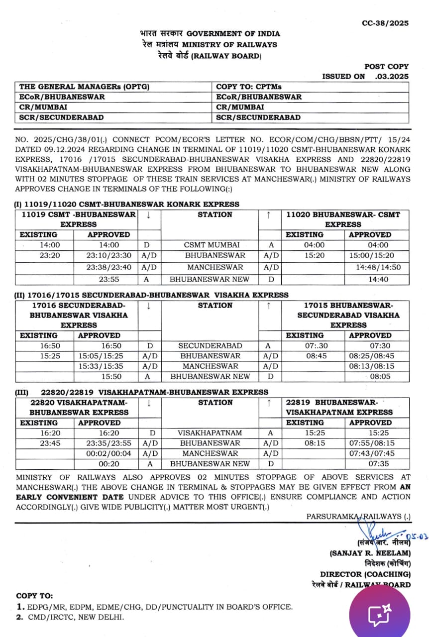 3 major trains to halt at Mancheswar railway station