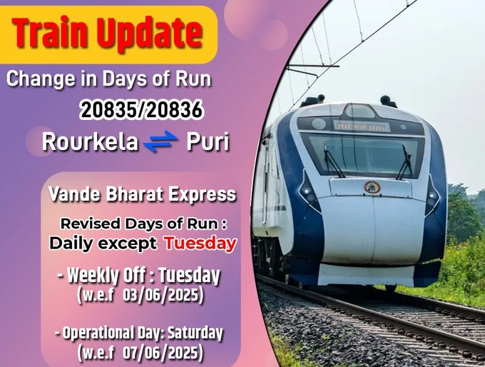 Puri–Rourkela–Puri Vande Bharat Express's Weekly Off Day Changed