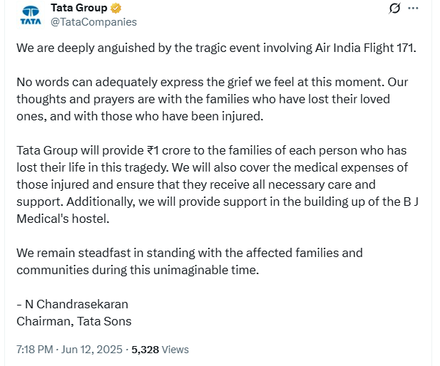Tata Group Announces Rs 1 Crore Support For Air India Crash victim's Families