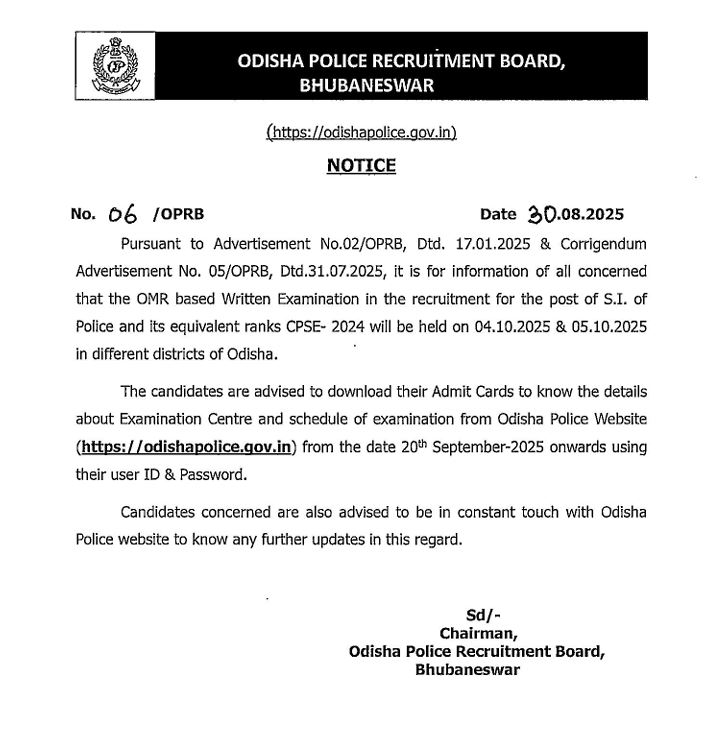 odisha-police-si-recruitment-exam-dates-announced