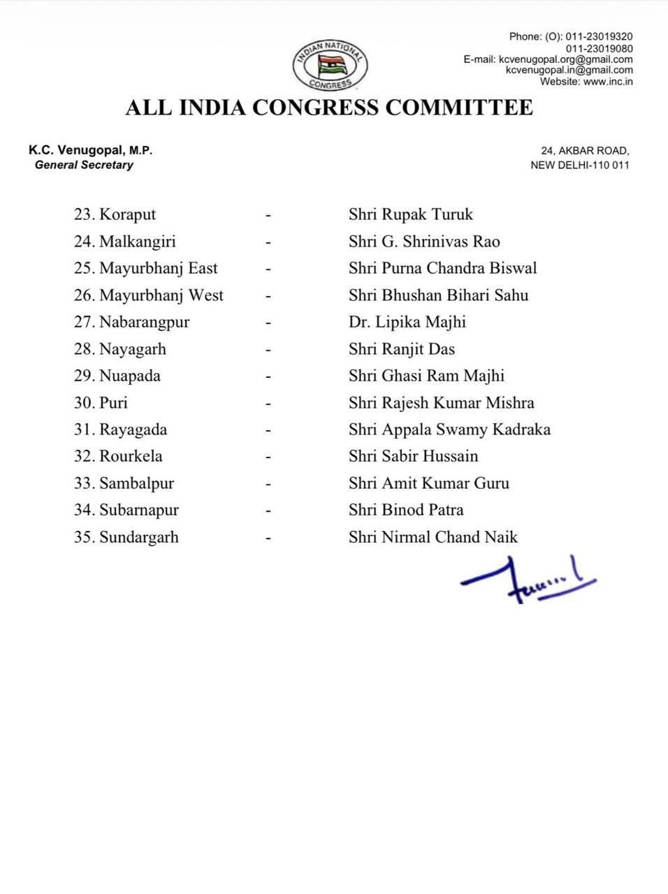 aicc-announces-Presidents for 35 Organisational Dists in Odisha 