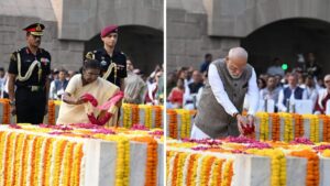 ମହାତ୍ମା ଗାନ୍ଧୀଙ୍କ ଜନ୍ମବାର୍ଷିକୀ; ରାଜଘାଟରେ ଶ୍ରଦ୍ଧାଞ୍ଜଳି ଅର୍ପଣ କଲେ ରାଷ୍ଟ୍ରପତି ଓ ପ୍ରଧାନମନ୍ତ୍ରୀ