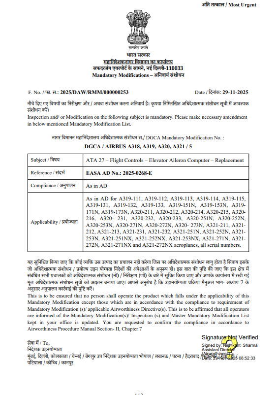 DGCA issues safety directive for Airbus A318, A319, A320 & A321 aircraft