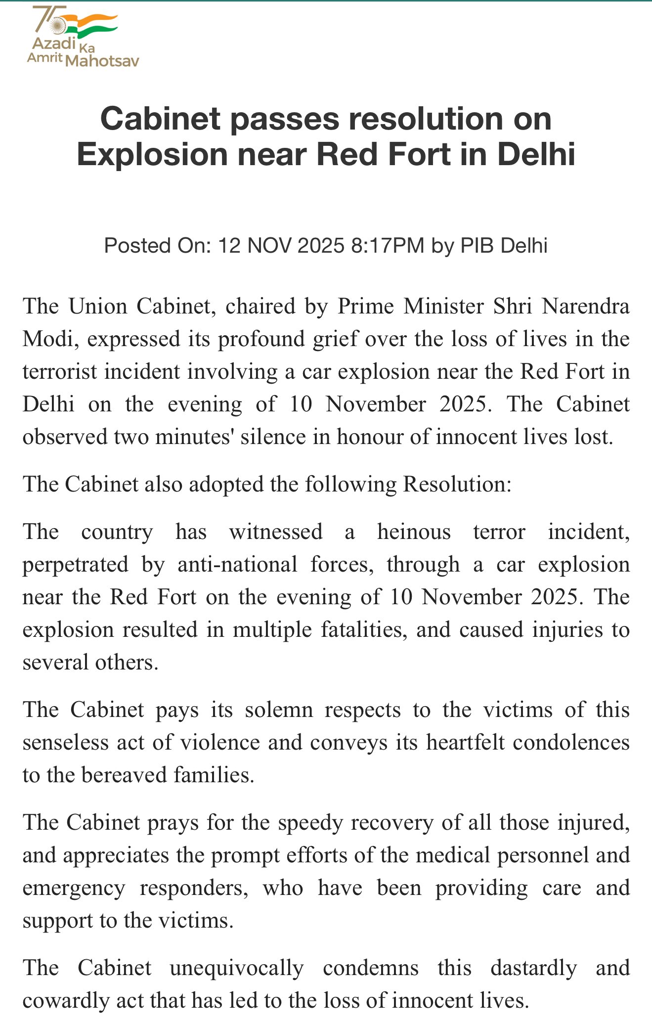 Cabinet declares Delhi Red Fort blast a terrorist act