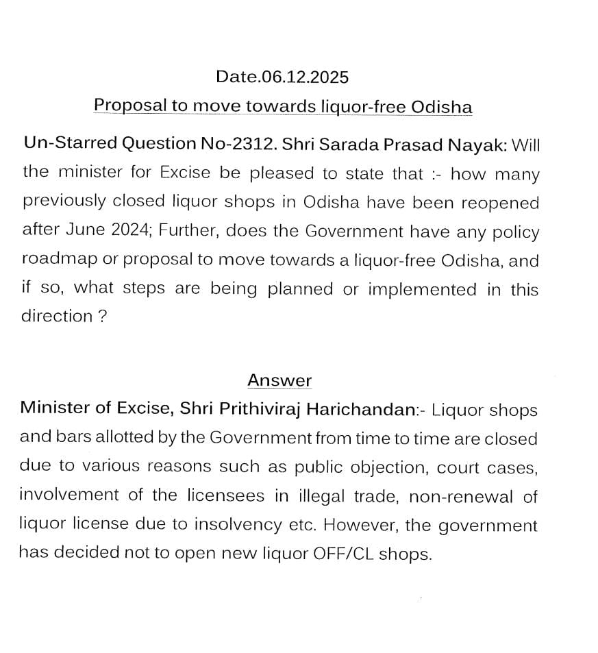 No new liquor shops will be opened in Odisha