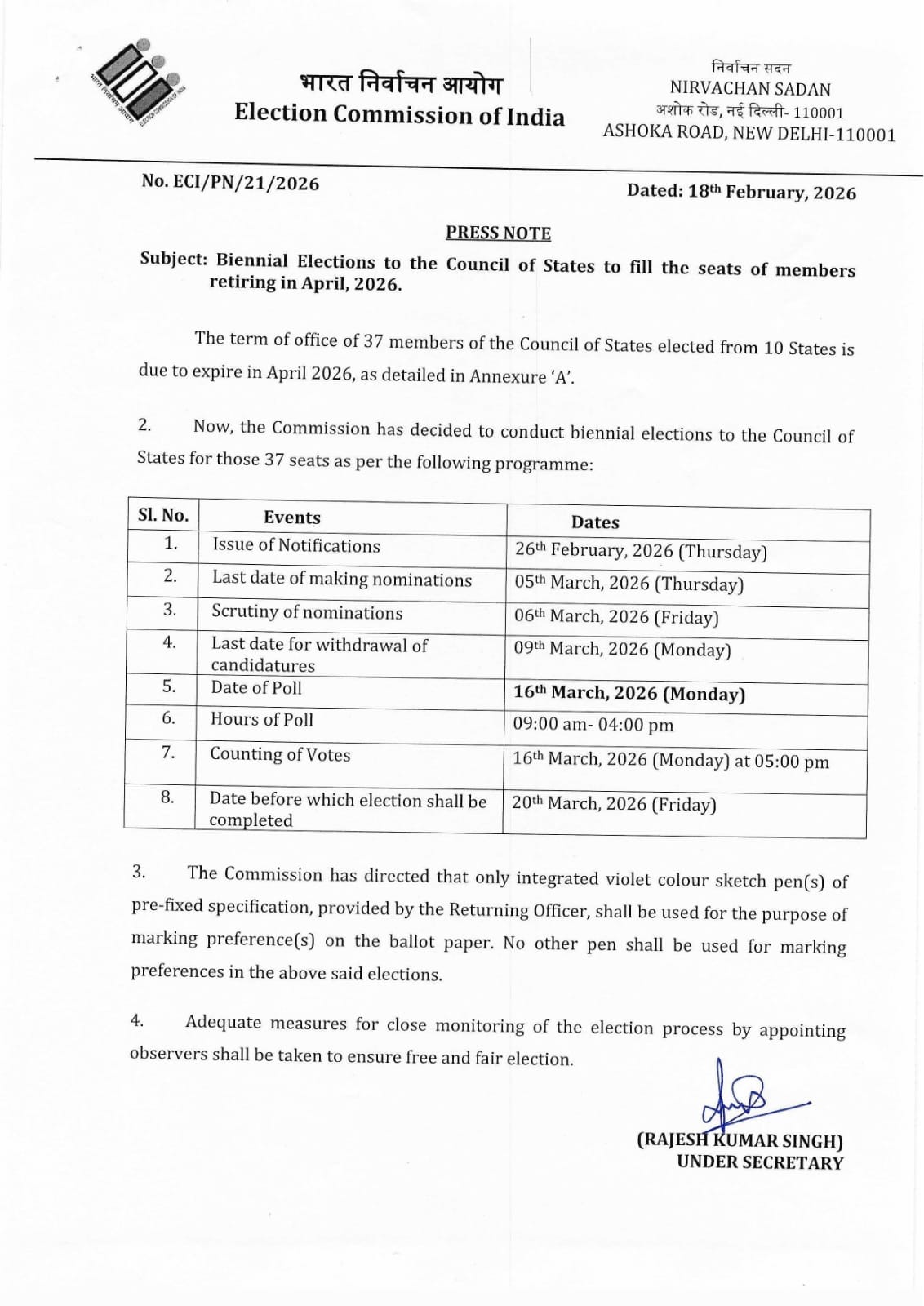 ECI announces Rajya Sabha Polls for 37 seats