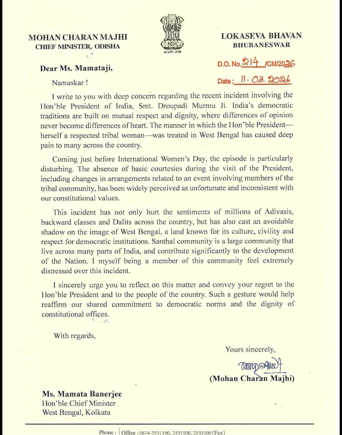 Odisha CM flags concern of President Murmu during West Bengal visit