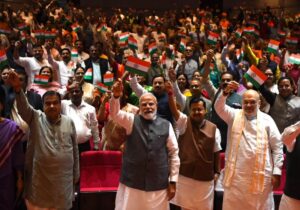 PM Modi, Amit Shah, NDA Leaders wave Tiranga to celebrate 150 years of Vande Mataram at Mangal Milan