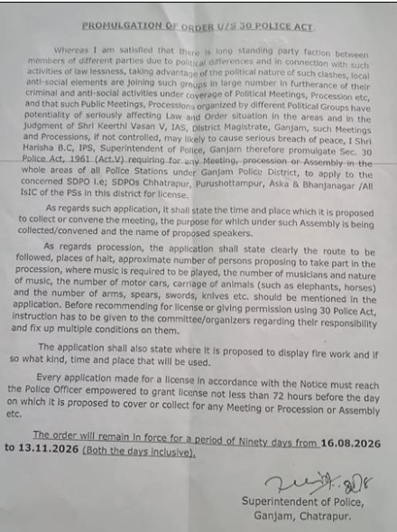 Section 30 Imposed in Ganjam for 90 Days; Police Permission Mandatory for Public Gatherings