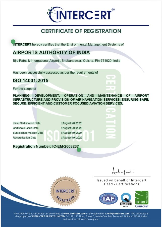 Biju Patnaik International Airport in Bhubaneswar Earns Prestigious ISO Certifications