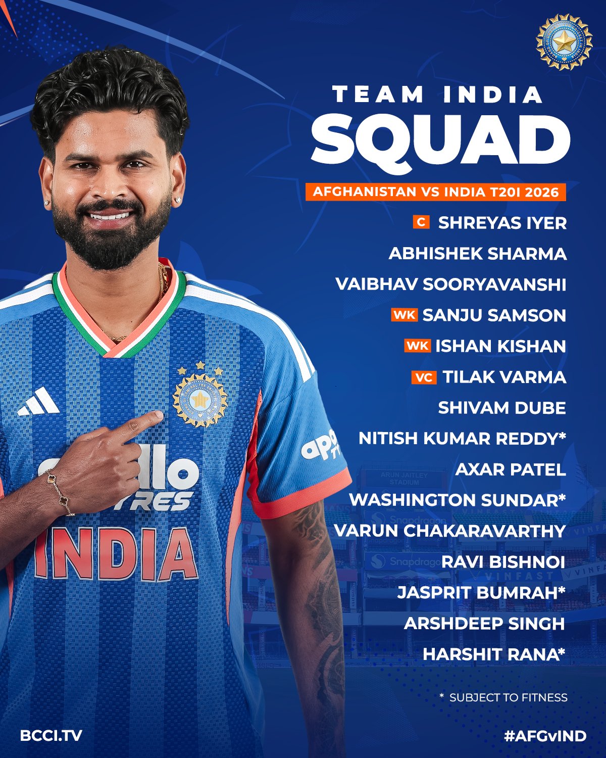 India Announce 15-Member Squad for T20I Series Against Afghanistan