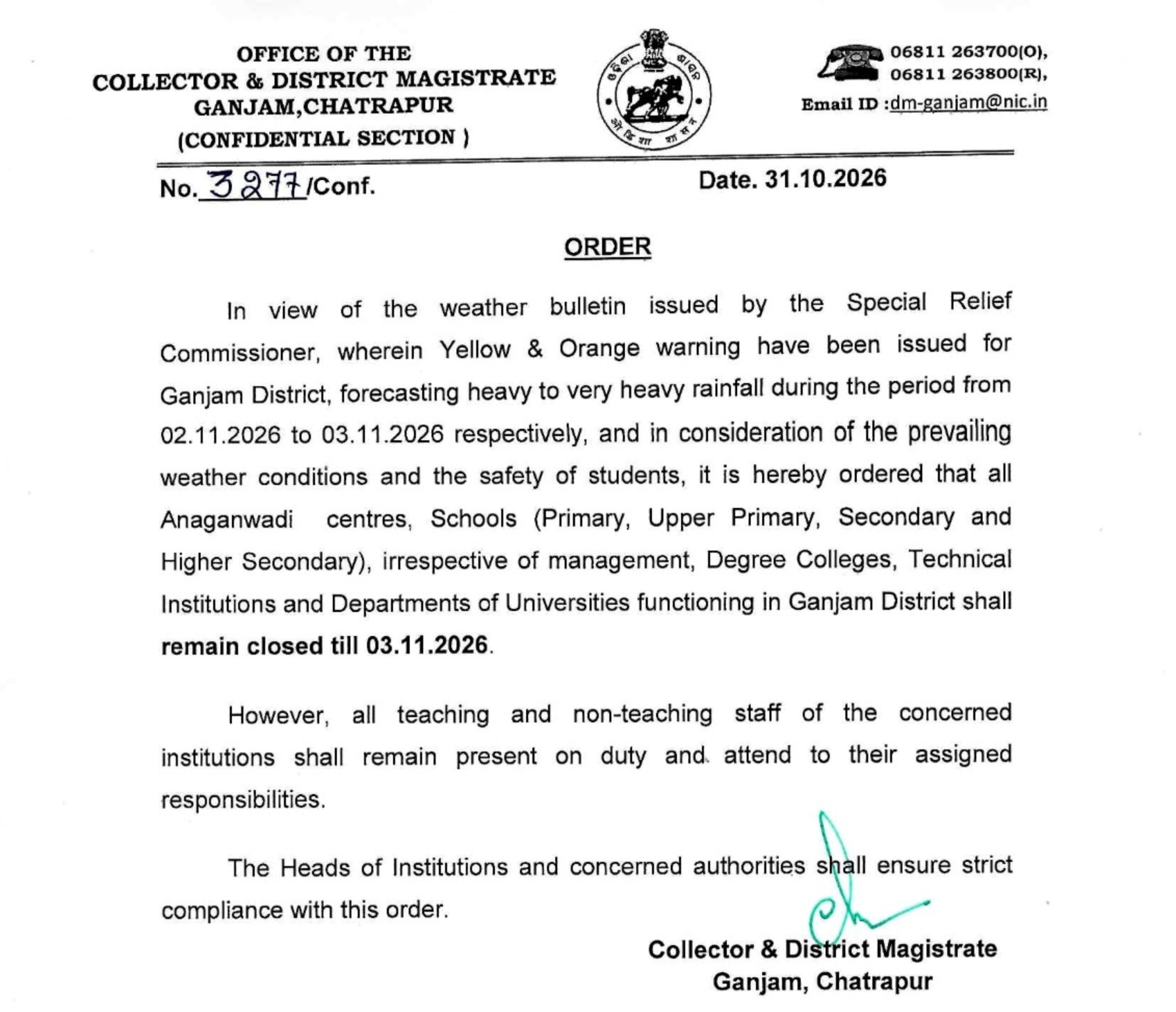 Heavy Rain Alert: All Educational Institutions in Ganjam Dist to Remain Closed Until Nov 3