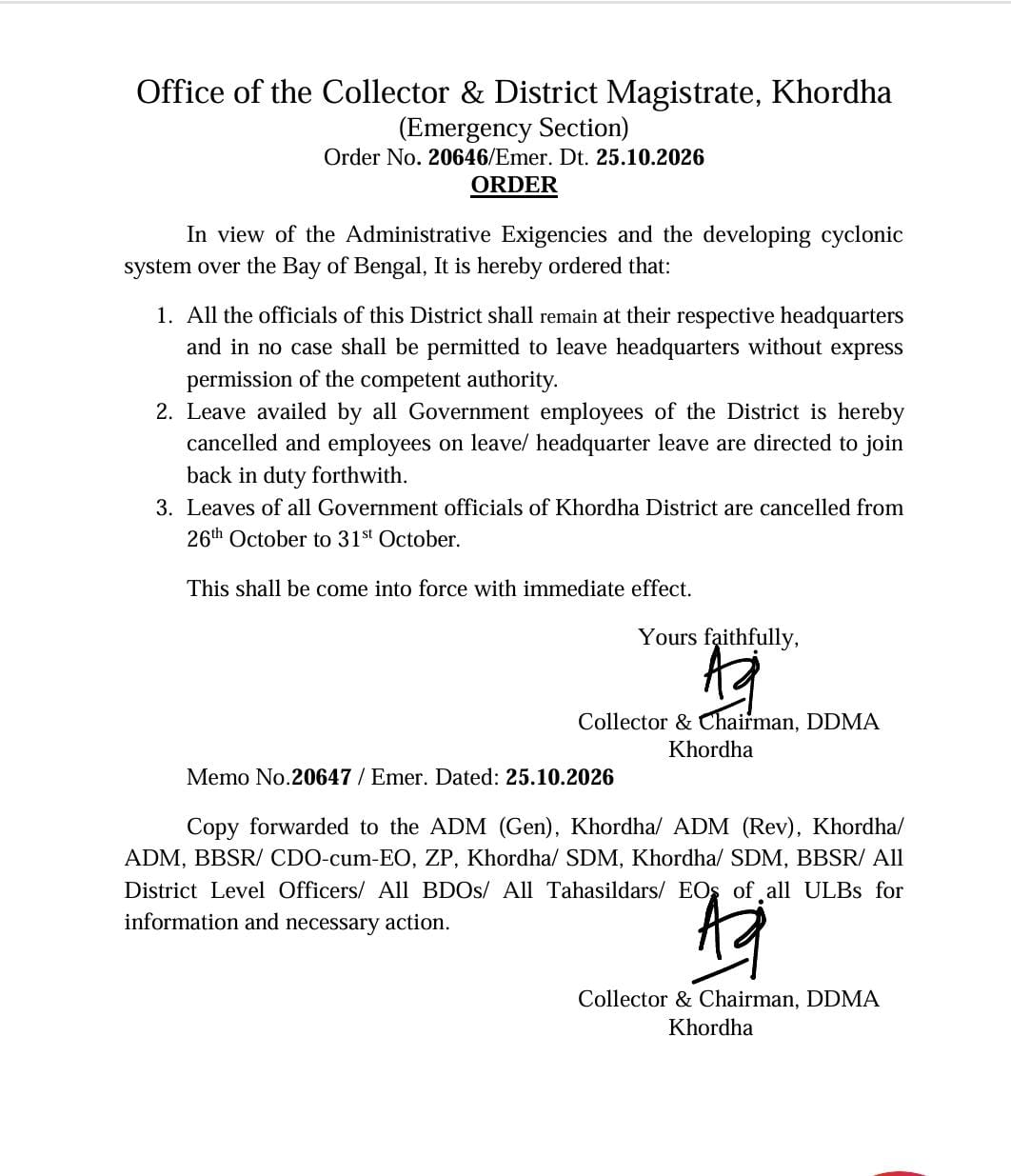 Leaves of all govt employees in Khordha cancelled Amid Cyclone Alert
